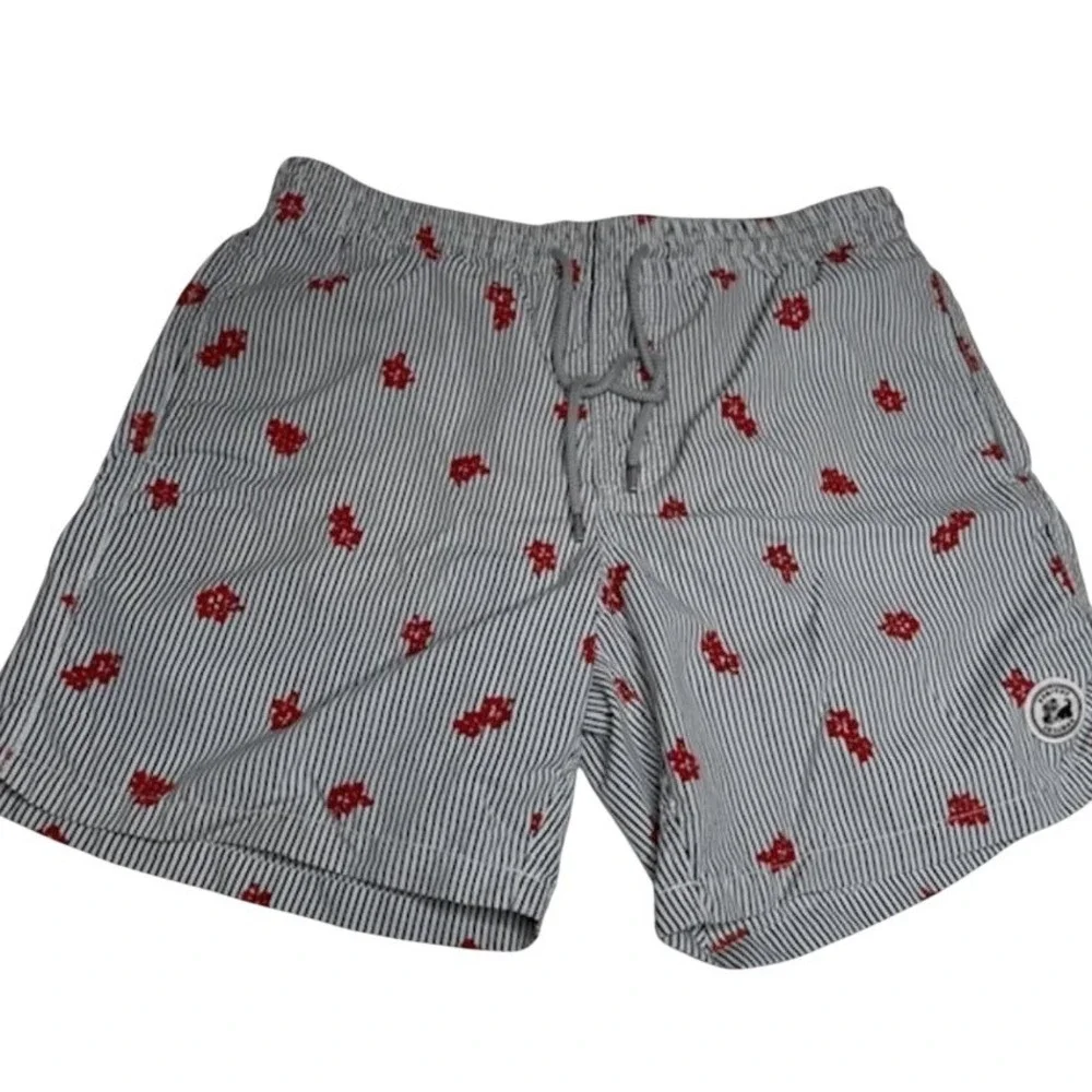 SurfCuz Mens Striped Swim Trunks Blue White Red Floral Mesh Lined Shorts Size‎ M